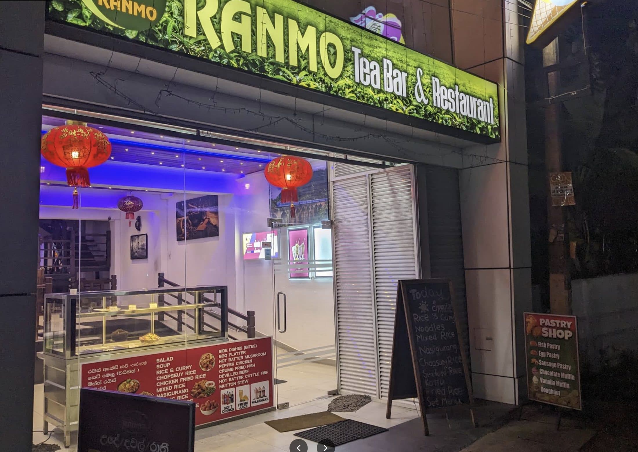 Ranmo Tea Bar and Restaurant's storefront on Galle Road at night